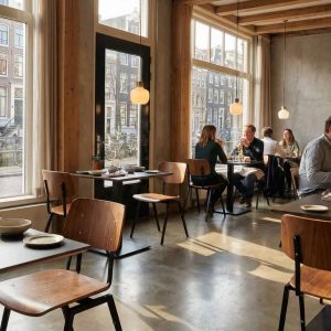 Super-Seat | Industriële schoolstoelen Bruin/zwarte metalen stoelen, houten tafels, veel daglicht, uitzicht op gracht en fietsen. | Horecameubilair