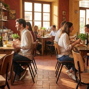 Super-Seat | Houten tafels met bruine/zwart metalen stoelen, planten en gezellig zonlicht. | Horecameubilair