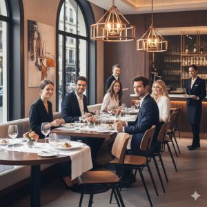 Super-Seat | Rietveld industriële schoolstoelen bruin/zwart | Bruine metalen stoelen en houten tafels in modern restaurant met grote ramen. | Horecameubilair