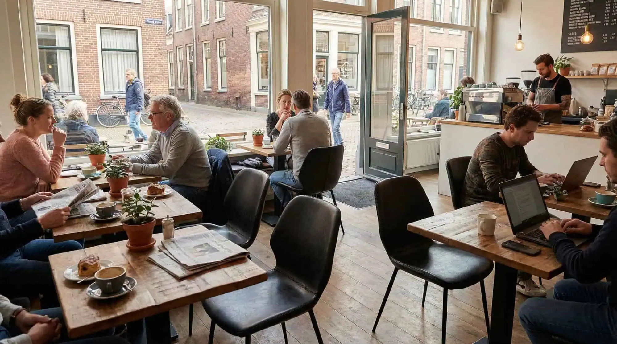 Super-Seat | Café Interieur Houten tafels, groene kunststof terrasstoelen; hoge houten barkrukken bij de bar, veel daglicht. | Horecameubilair
