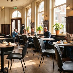 Super-Seat | Luxemburg horeca stapelstoelen groen | Groene metalen stapelstoelen en houten tafels in lichte café met planten en gasten. | Horecameubilair