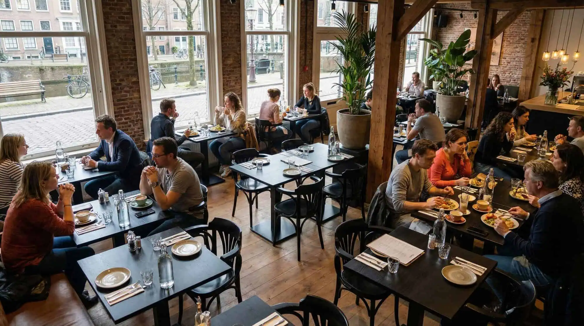 Super-Seat | Thon gebogen houten café armstoelen waaier zwart | Zwarte houten stoelen en tafels, groene planten, houten vloer en bakstenen muren. | Horecameubilair