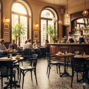 Super-Seat | Zwarte houten stoelen, houten bar, betegelde vloer en grote boogramen in gezellig café. | Horecameubilair