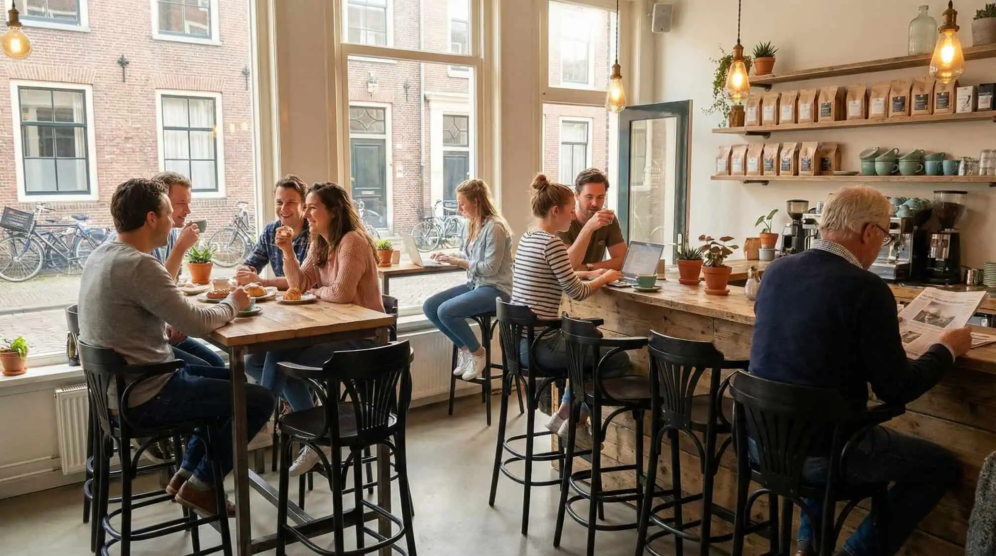 Super-Seat | Zwarte houten barkrukken, tafels, stoelen; veel licht door grote ramen in koffiebar. | Horecameubilair