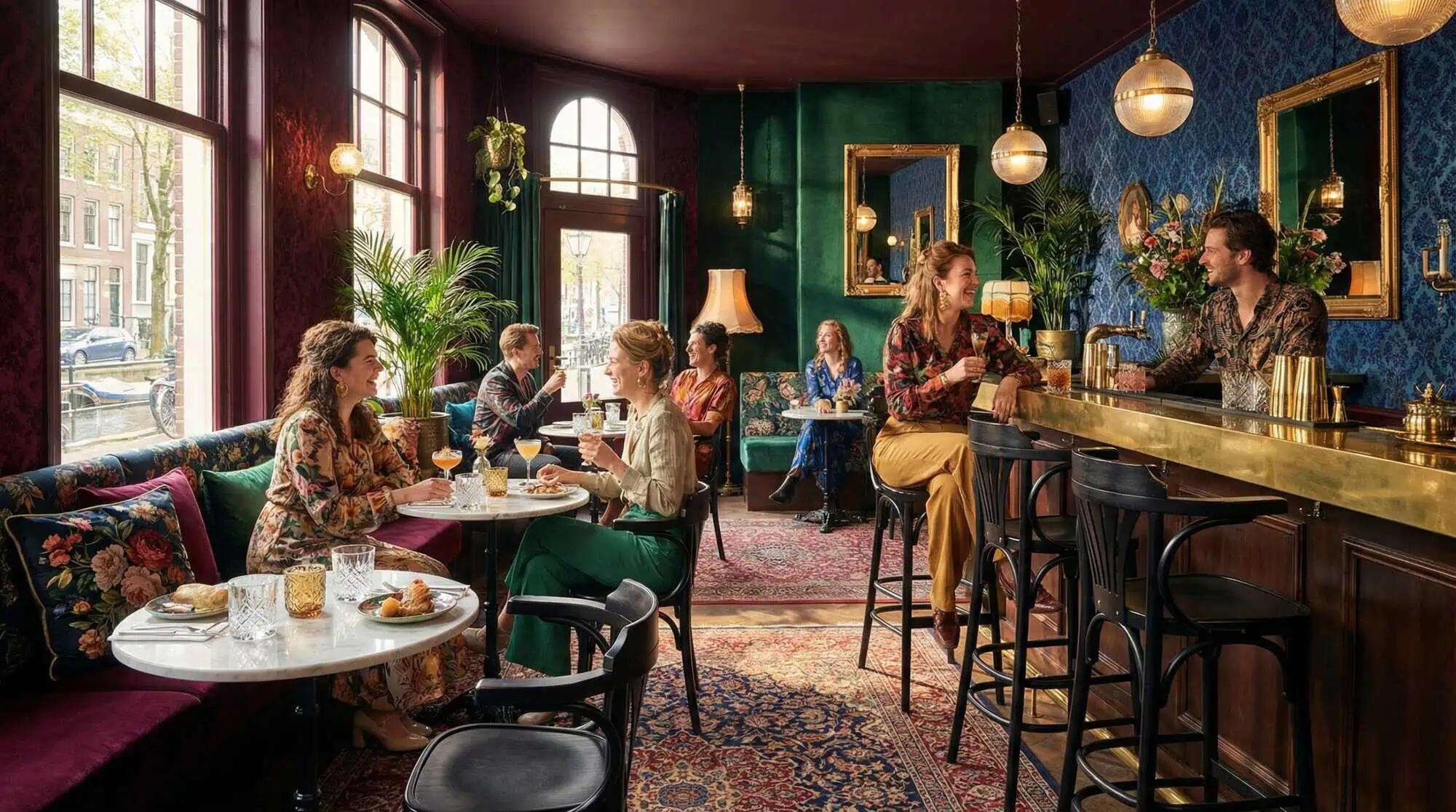 Super-Seat | Zwarte houten barkrukken en stoelen in vintage café met patronen, goud en grote ramen. | Horecameubilair