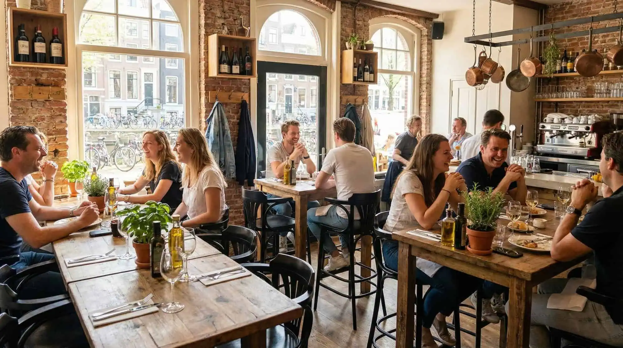 Super-Seat |Mensen dineren en kletsen in een gezellig restaurant met zwarte Thon barkrukken, houten tafels en planten op tafel. | Horecameubilair