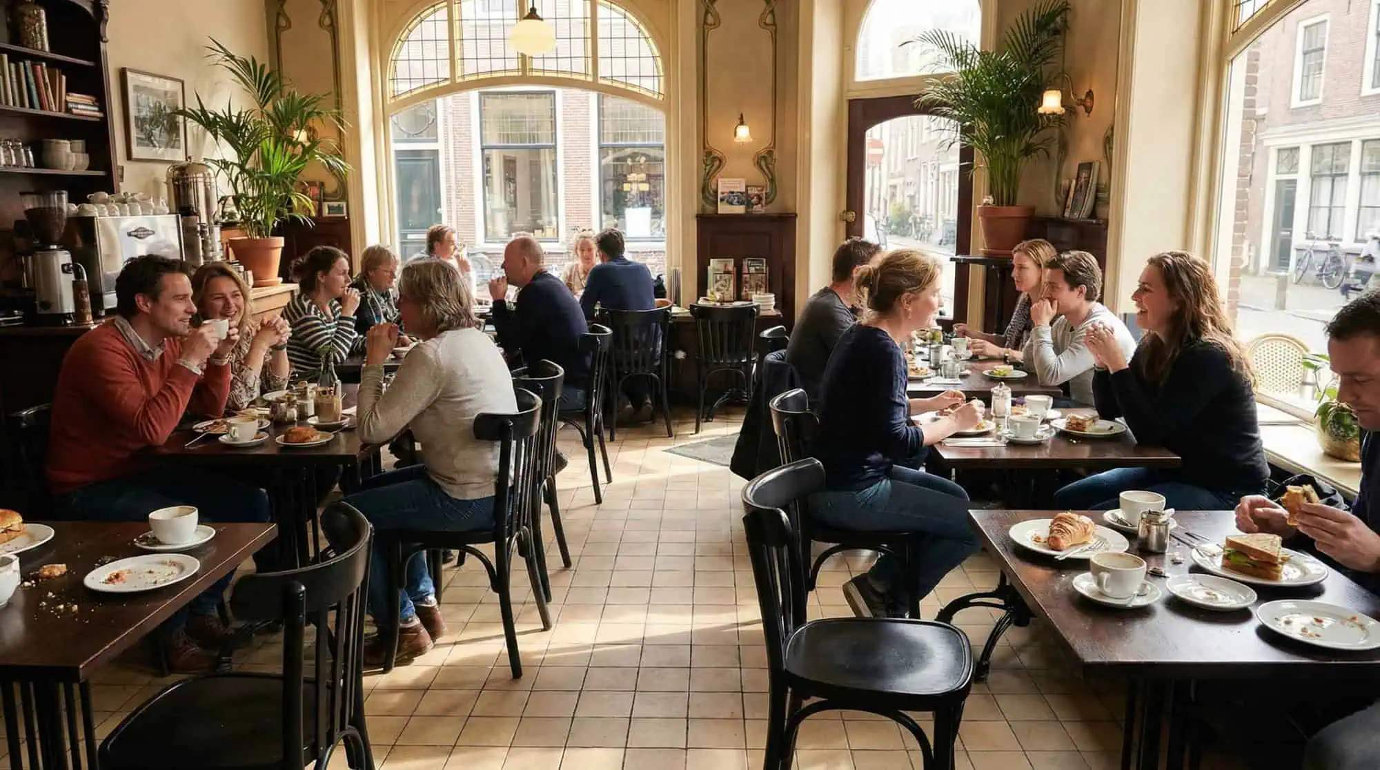 Super-Seat | Zwarte houten stoelen met gebogen vloerkleed bij houten tafels in licht, gezellig café. | Horecameubilair