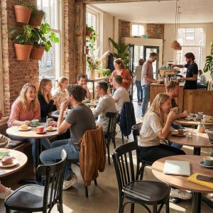 Super-Seat | Café Interieur | Zwarte houten Thonet stoelen, ronde tafels, bakstenen muren, veel licht en groen in het café. | Horecameubilair