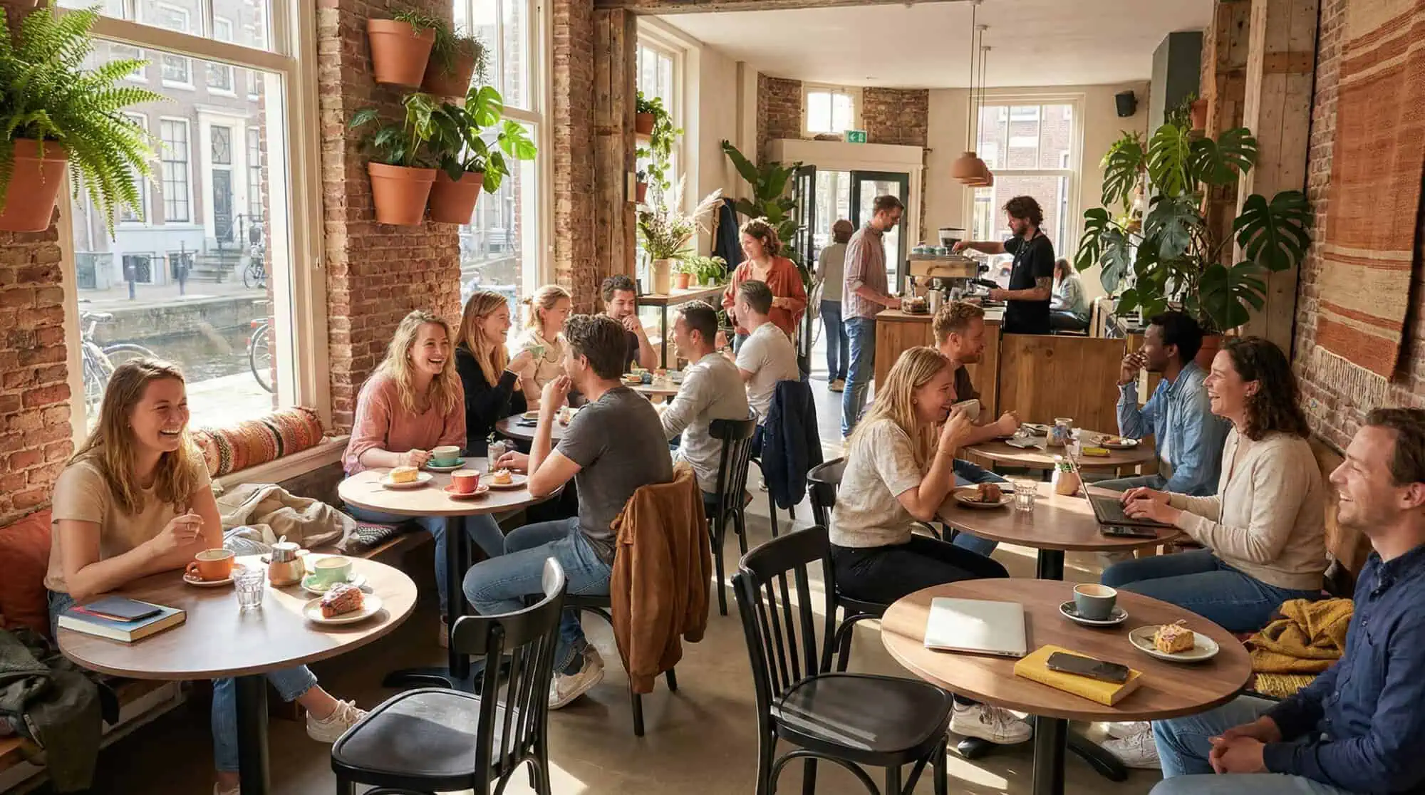 Super-Seat | Café Interieur | Zwarte houten Thonet stoelen, ronde tafels, bakstenen muren, veel licht en groen in het café. | Horecameubilair