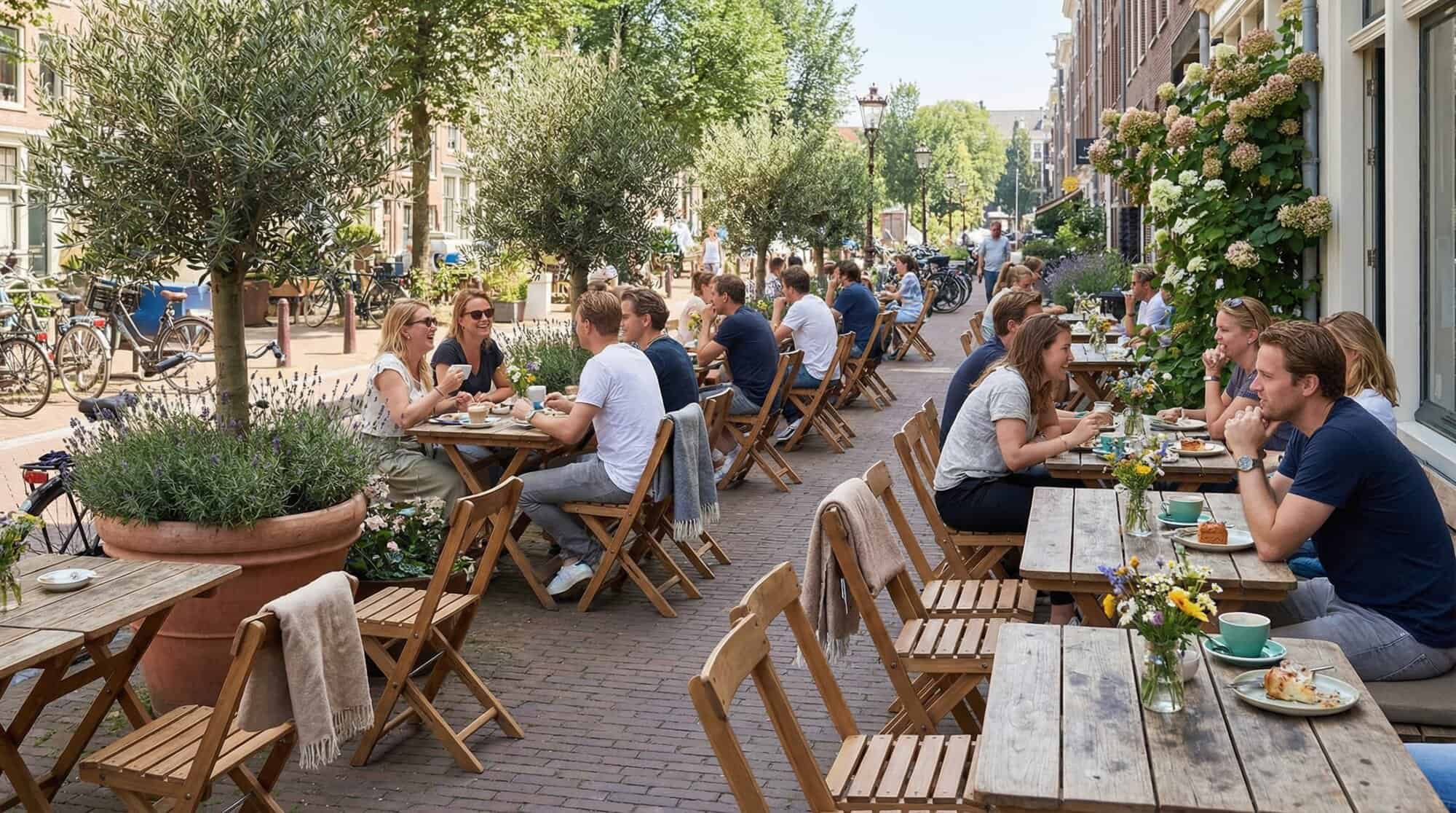 Super-Seat | Bruine houten tafels, vintage houten terrasstoelen op straat, zon en bloemen. | Horecameubilair