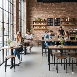 Super-Seat | Modern Café Interieur Houten tafels, bakstenen muren, grote ramen, bruine Tabouret Vanitas schoolkrukken. | Horecameubilair