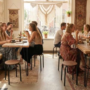 Super-Seat | Café Interieur | Bruine Tabouret Vanitas krukken en houten tafels, bakstenen muren, vloerkleden, veel zon en planten. | Horecameubilair