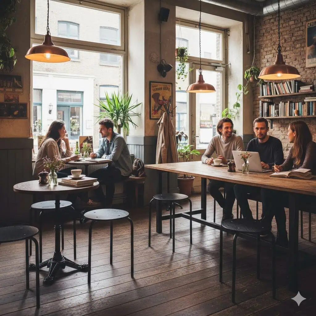 Super-Seat | Zwarte metalen schoolkrukken bij houten tafels, omringd door planten, boeken en warme verlichting. | Horecameubilair