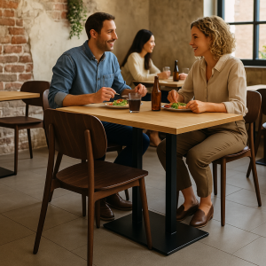 Super-Seat | Scandinavische design stoelen Bonn bruin | Bruine houten stoelen, eettafel met eten en drinken, modern design in restaurant. | Horecameubilair