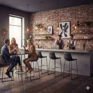 Super-Seat | Zwarte leren barkrukken met metalen poten bij een moderne bar met bakstenen muur en houten tafels. | Horecameubilair