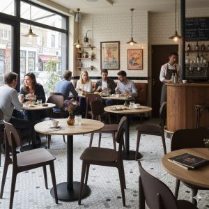 Super-Seat | Houten tafels, bruine Scandinavische stoelen, barkrukken; wit tegelwerk en grote ramen. | Horecameubilair