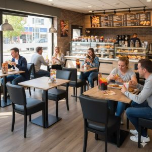 Super-Seat | Zwarte metalen horeca stoelen met kunststof zitting rond tafels, barkrukken en personeel zichtbaar. | Horecameubilair