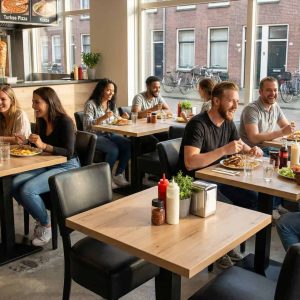 Super-Seat | Zwarte metalen stoelen, houten tafels, gasten eten en drinken in licht restaurant met grote ramen. | Horecameubilair