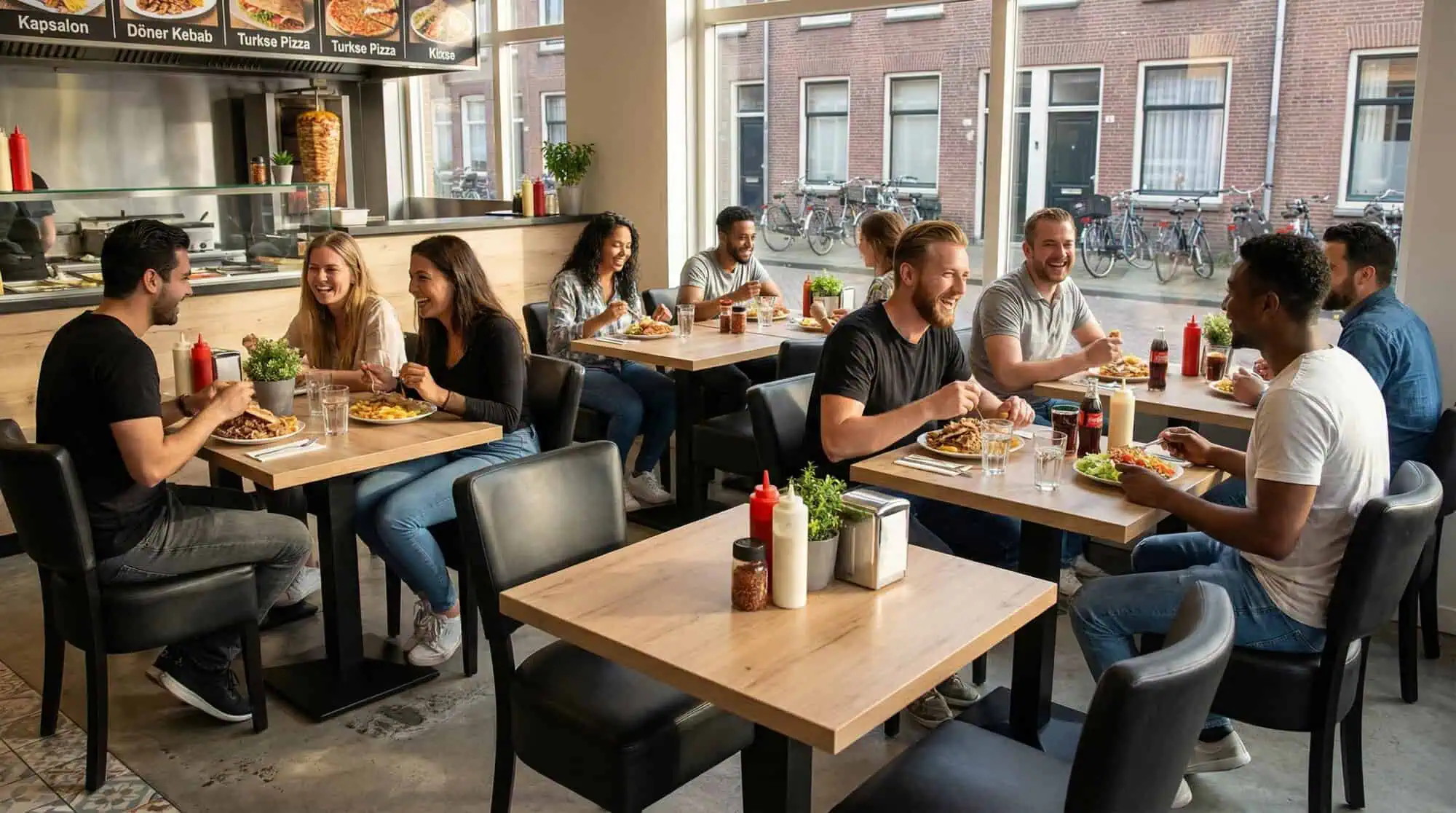 Super-Seat | Zwarte metalen stoelen, houten tafels, gasten eten en drinken in licht restaurant met grote ramen. | Horecameubilair