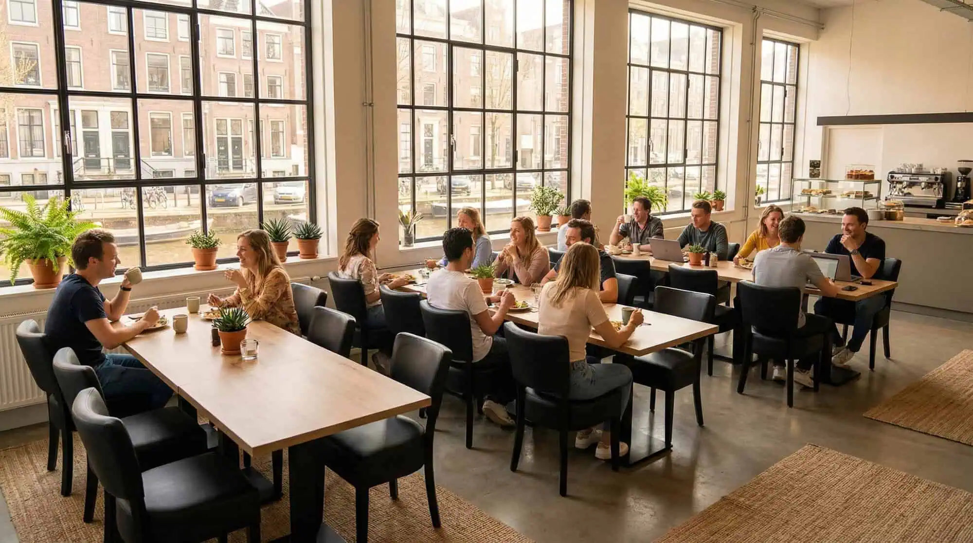 Super-Seat | Zwarte metalen stoelen bij lichte tafels; gezellige ruimte met planten en voedselbar op achtergrond. | Horecameubilair