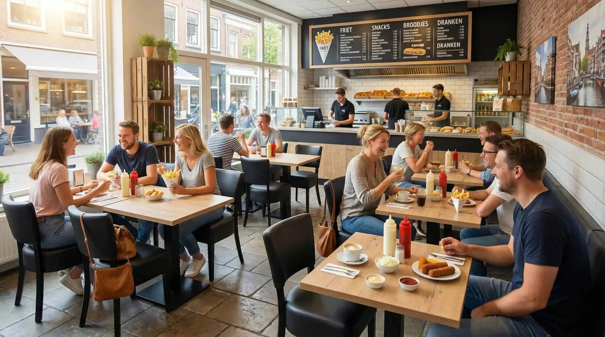 Super-Seat | Lisa Rome horeca stoelen zwart | Zwarte leren stoelen, houten tafels, gasten eten frites in modern restaurant met veel licht. | Horecameubilair