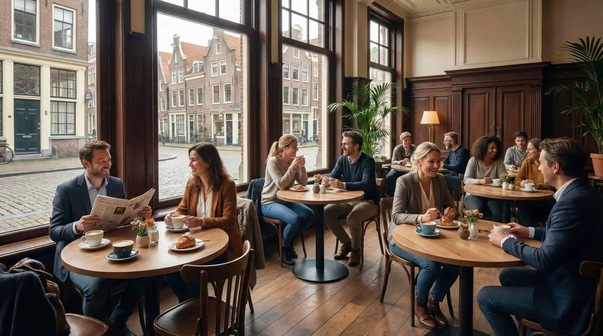 Super-Seat | Ronde melamine tafels 80cm, licht eiken kleur, houten vloer, stoelen en barkrukken in café. | Horecameubilair