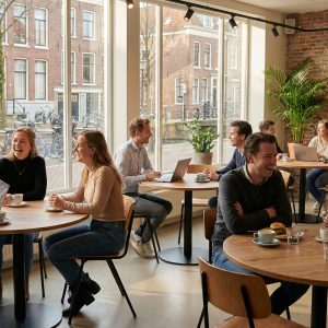 Super-Seat | Kasteel eiken melamine tafelbladen in café | Ronde eiken melamine tafels, metalen stoelen, bakstenen muren, grote ramen. | Horecameubilair