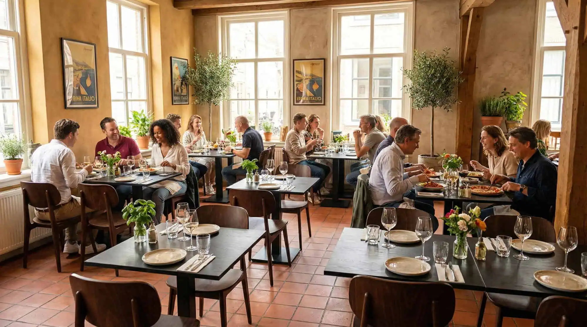 Super-Seat | Scandinavische design stoelen Bonn bruin | Bruine houten tafels, stoelen en barkrukken in modern restaurant met grote ramen. | Horecameubilair