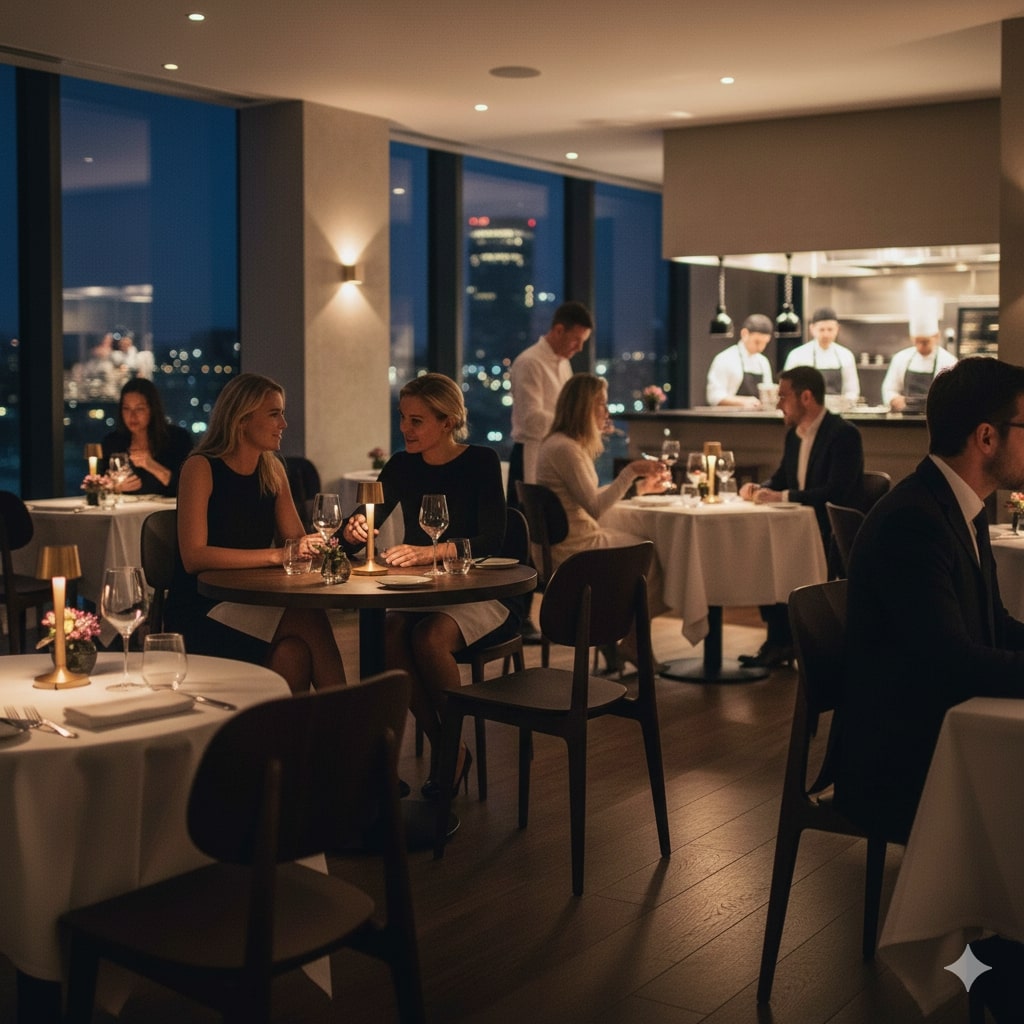 Super-Seat | Scandinavische design stoelen Bonn bruin | Bruine leren stoelen en houten tafels vullen het moderne restaurant met stadzicht s'nachts. | Horecameubilair