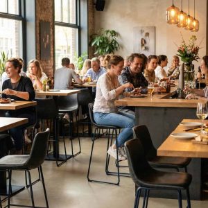 Super-Seat |Houten tafels, zwarte leren barkrukken, veel licht & groene planten in modern restaurant. | Horecameubilair
