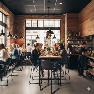 Super-Seat | Zwarte leren barkrukken en houten tafels in modern café met bakstenen muren en grote ramen. | Horecameubilair