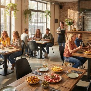 Super-Seat | Charlie vintage leren kuipstoelen zwart Zwarte leren stoelen aan houten tafels in licht restaurant met grote ramen. | Horecameubilair