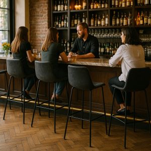 Super-Seat | Vier mensen zitten op Charlie design leren barkrukken zwart aan een bar | Zwarte leren barkrukken met metalen frame, bij houten bar met flessen op achtergrond. | Horecameubilair