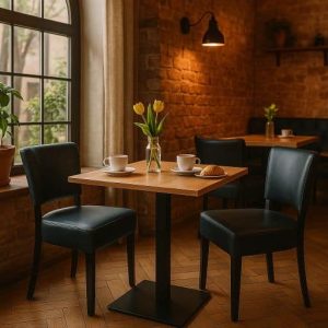 Super-Seat | Een kleine vierkante tafel met twee Lisa Rome Horeca Stoelen Zwarte stoelen, houten tafel, gele tulpen, keramiek servies, bakstenen muur. | Horecameubilair
