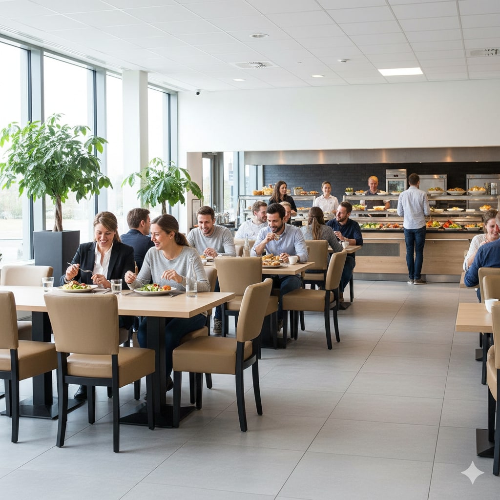 Super-Seat |Moderne kantine met grote ramen, taupekleurige stoelen van stof en houten tafels, zelfbedieningsbalie. | Horecameubilair