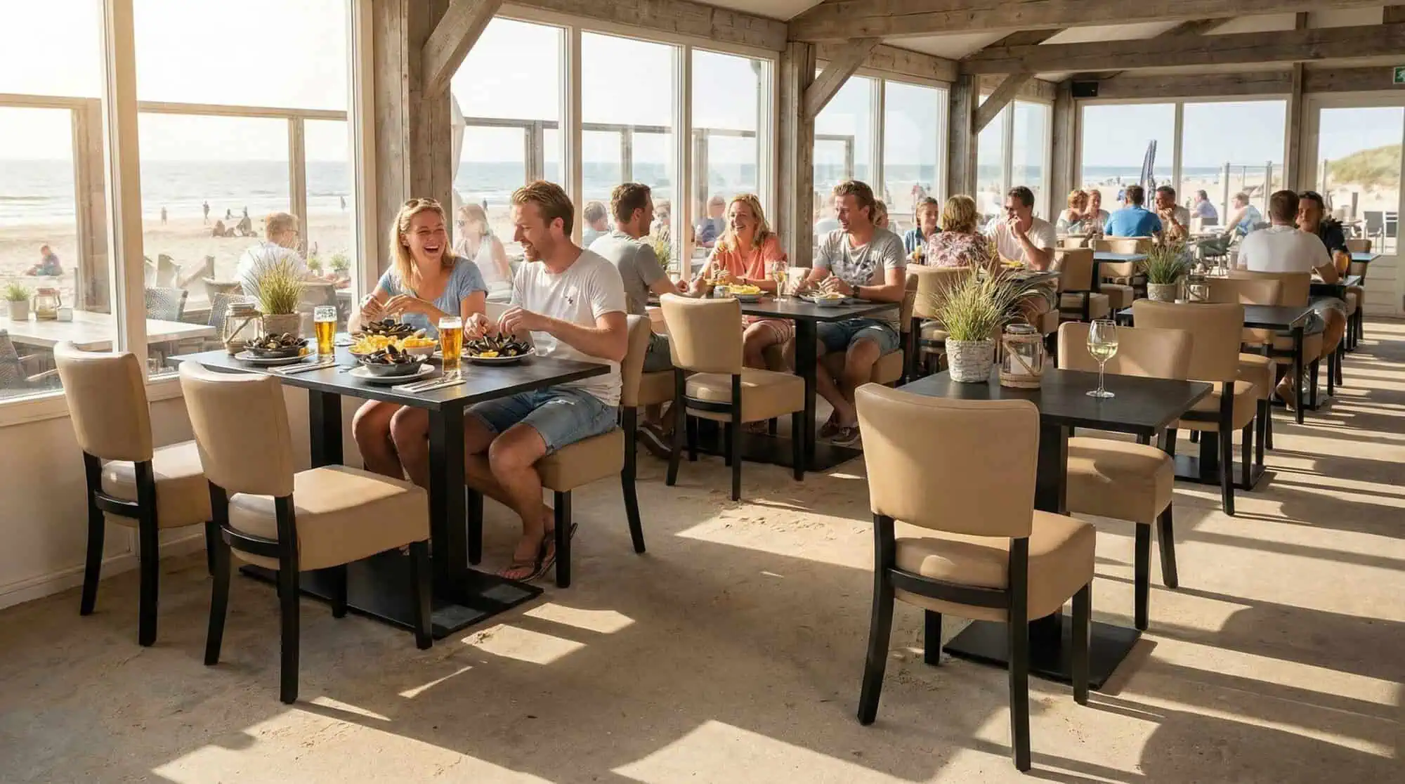 Super-Seat | Lisa Rome horeca stoelen Taupe | Zandkleurige stoffen stoelen rond houten tafels, zonlicht door ramen met uitzicht op het strand. | Horecameubilair