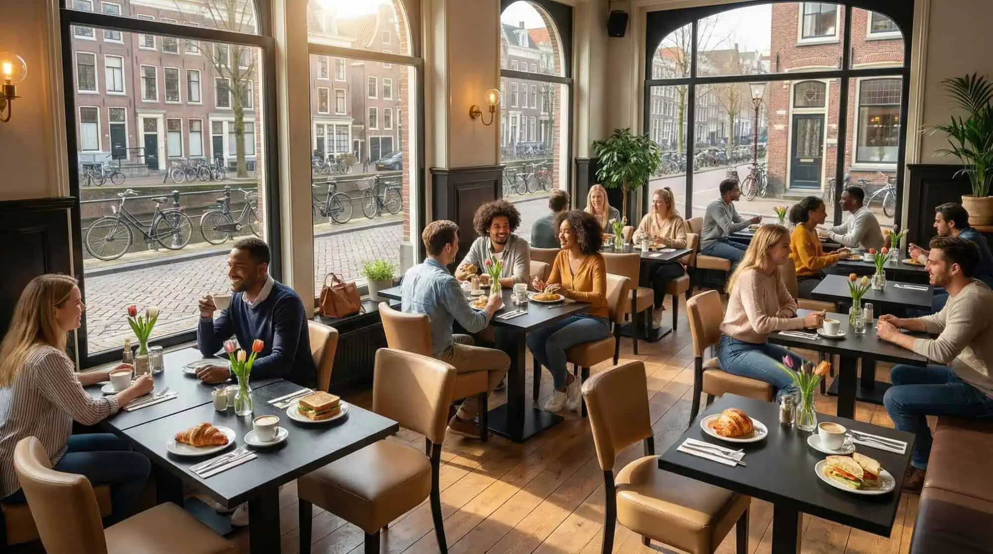 Super-Seat |Lisa Rome Horeca Stoelen Taupe Taupekleurige stoelen van kunststof en hout in modern café met uitzicht op kanaal en fietsen. | Horecameubilair