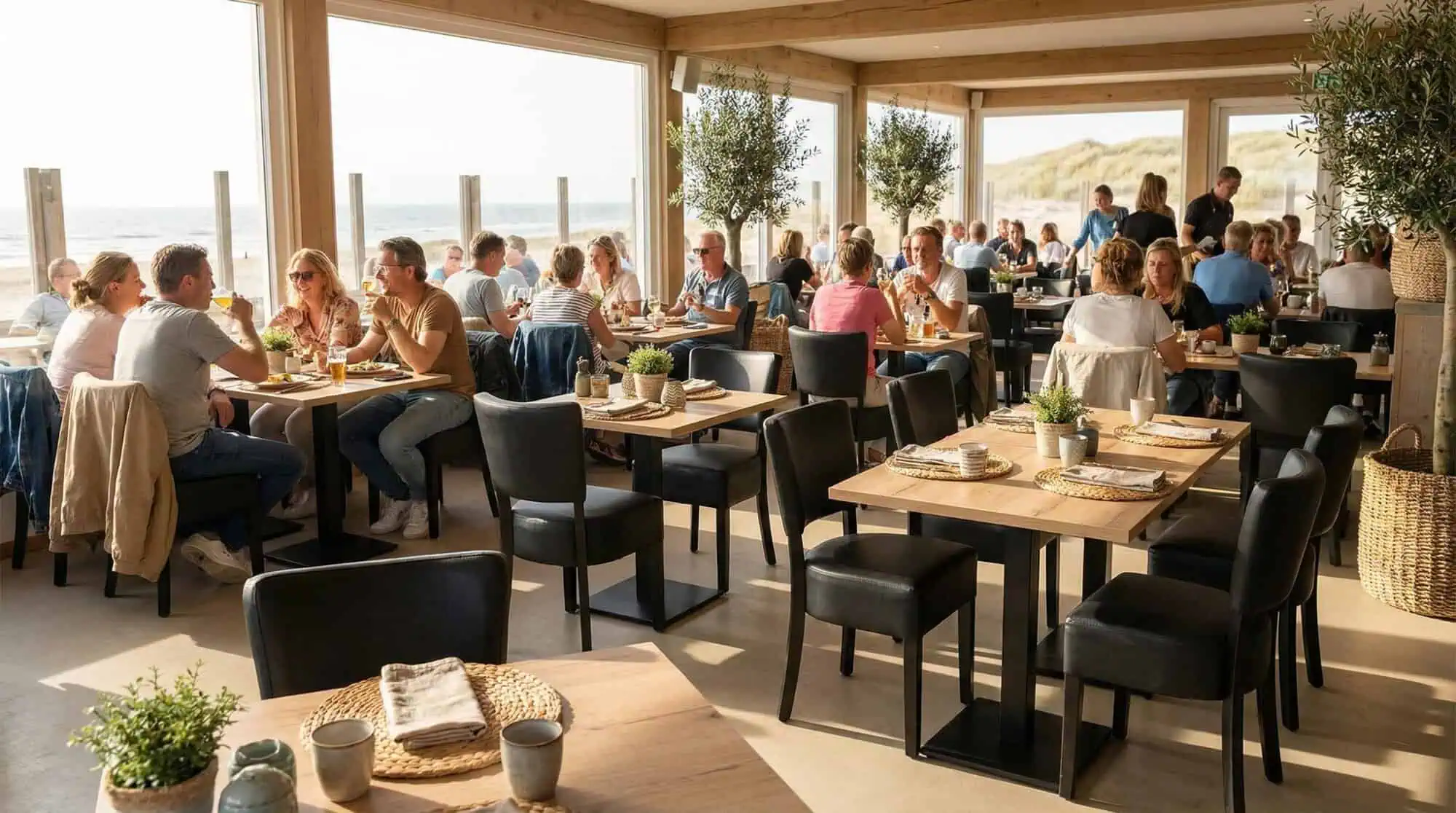 Super-Seat | Zwarte metalen stoelen, houten tafels, veel ramen en strandzicht, zonovergoten en groen. | Horecameubilair