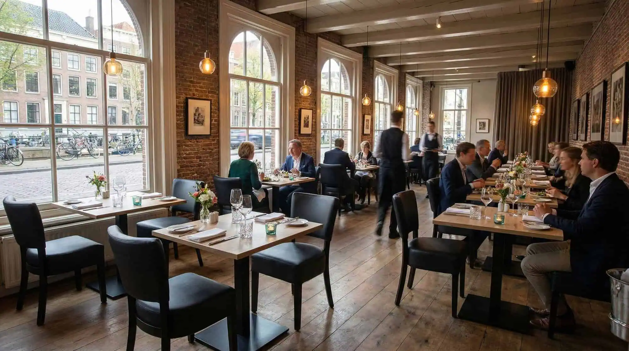 Super-Seat | Moderne restaurantinrichting: Zwarte leren stoelen, houten tafels, barkrukken en houten vloeren bij grote ramen. | Horecameubilair