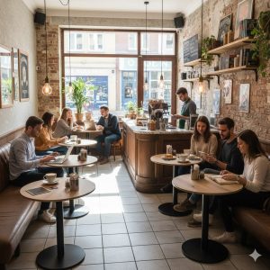 Super-Seat | Café Meubilair | Je ziet houten stoelen, eiken ronde tafels (melamine, 80cm), barkrukken. Zonlicht vult het gezellige café. | Horecameubilair