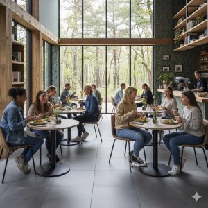 Super-Seat | Kasteel eiken melamine tafelbladen rond 80cm | Kasteel eiken tafels met zwarte metalen poten, stoelen van hout en stof in lichte zaak vol planten. | Horecameubilair