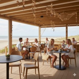 Super-Seat | Zwarte melamine ronde tafels, houten stoelen en barkrukken in zonnig strandrestaurant. | Horecameubilair