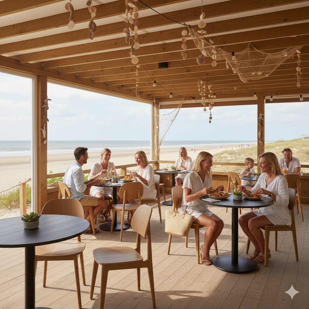 Super-Seat | Zwarte melamine ronde tafels, houten stoelen en barkrukken in zonnig strandrestaurant. | Horecameubilair