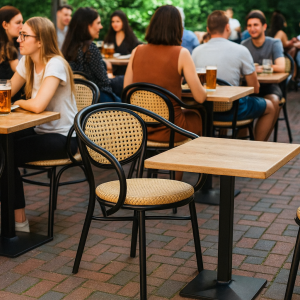 Super-Seat | Zwarte webbing stoelen met armleuningen en houten tafels op bakstenen terras, groen achter. | Horecameubilair