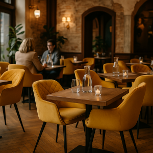 Super-Seat |Fluwelen horeca stoelen oker Oker fluwelen stoelen, houten vloer, tafel met water en kaars, bakstenen muur, wandkunst. | Horecameubilair