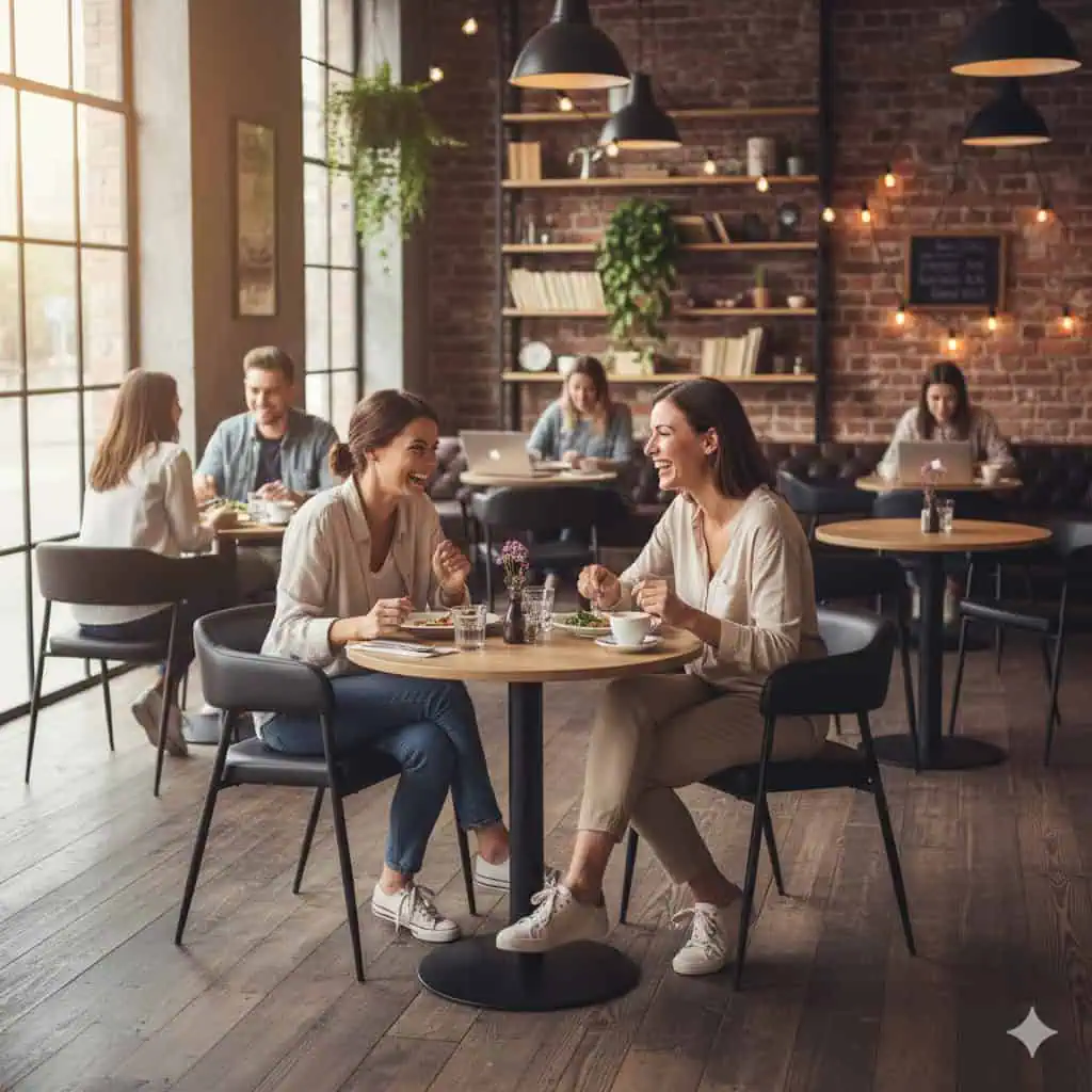 Super-Seat | Zwarte armstoelen van kunstleder en staal rond houten tafels in café met bakstenen muren. | Horecameubilair