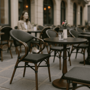 Super-Seat | Donker houten tafel met wit vaasje, glazen water, bruine textiel terrasstoel op stenen patio. | Horecameubilair
