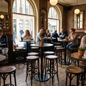 Super-Seat | Zwarte ronde statafels, houten stoelen, grote ramen, planten, warme sfeer in café. | Horecameubilair