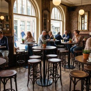 Super-Seat | Zwarte ronde statafels, houten stoelen, grote ramen, planten, warme sfeer in café. | Horecameubilair