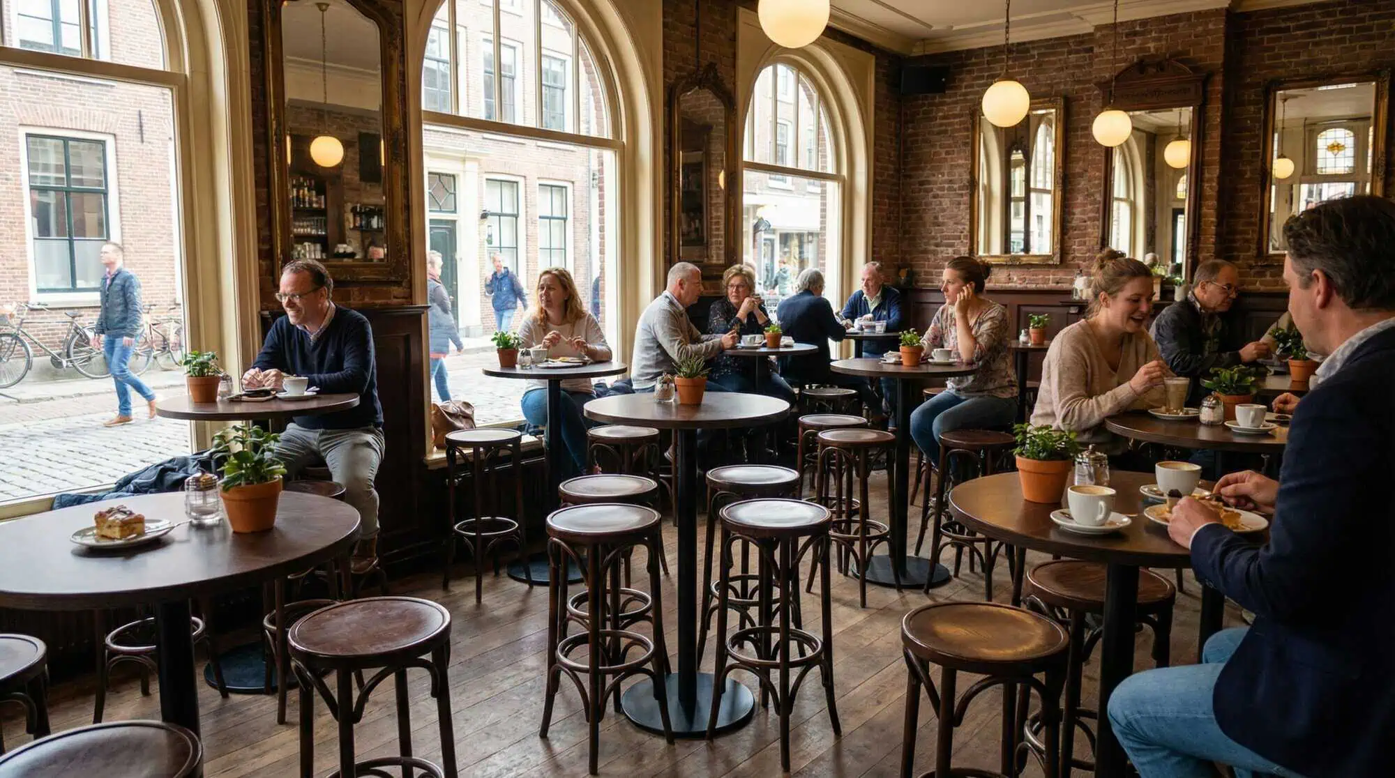 Super-Seat | Zwarte ronde statafels, houten stoelen, grote ramen, planten, warme sfeer in café. | Horecameubilair